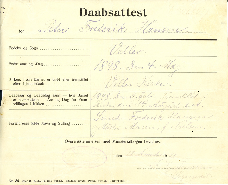 Dåbsattest for Peter Frederik Hansen, født i 1898, Vellev